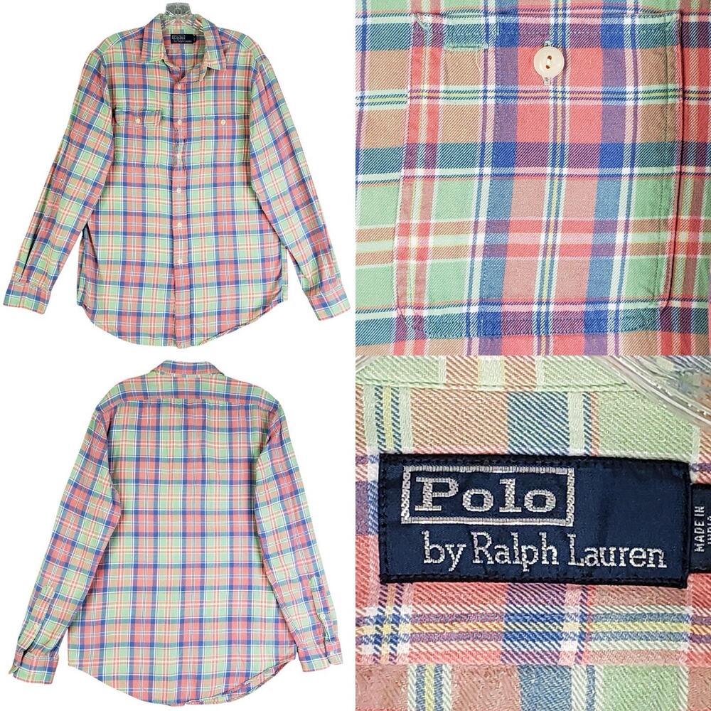 Polo Ralph Lauren Shirt Oxford Button Down Multicolor Plaid Flannel Size Medium